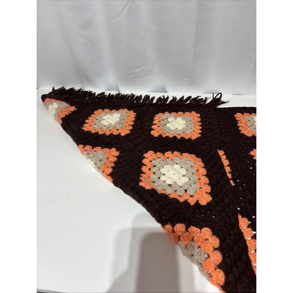 Vtg‎ Handmade Crochet Granny Square Afghan Blanket Throw Orange Brown 46X27